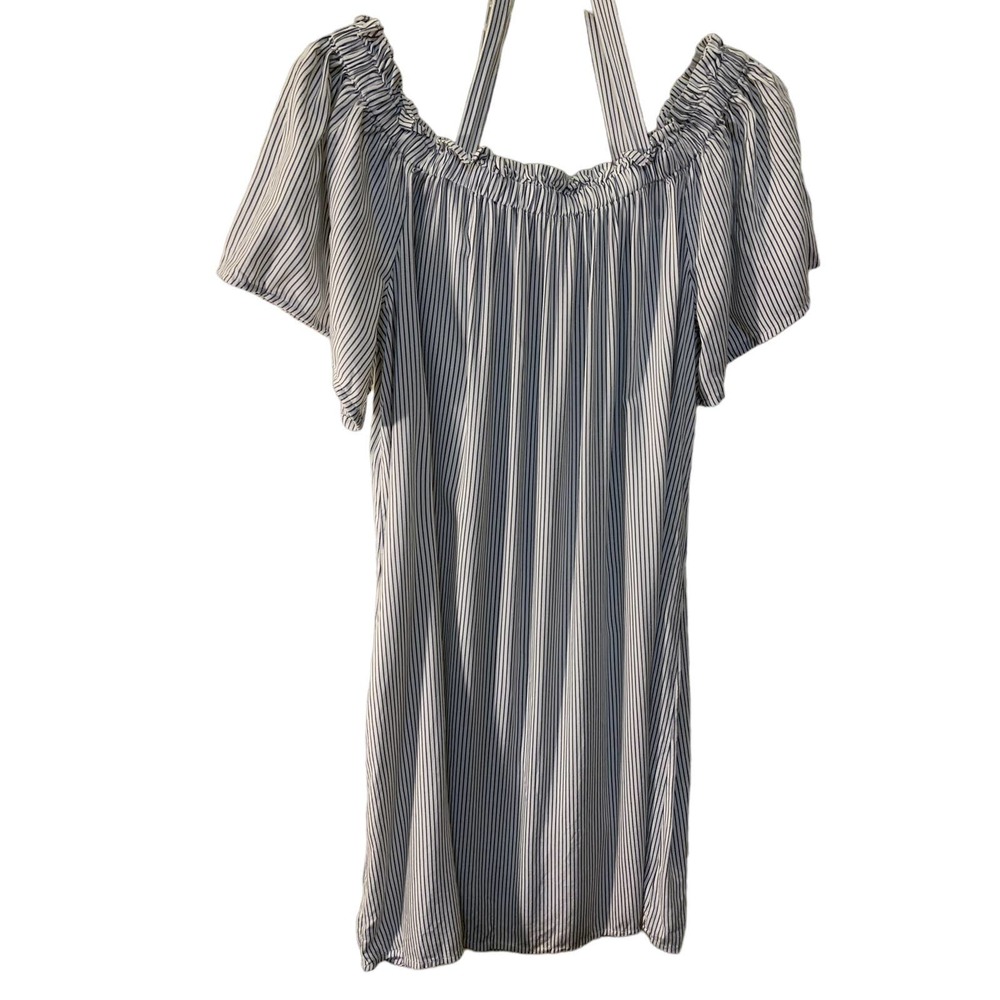 Peyton & Parker Shift Dress Blue White Pinstripe Girls L Large flutter sleeve